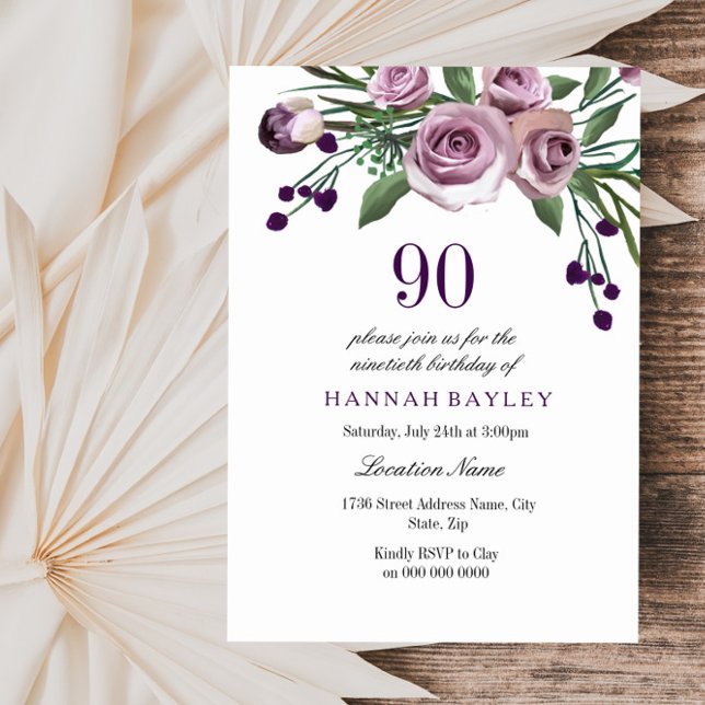Any Age Purple Plum Rose 90th Birthday Invitation (Creator Uploaded)