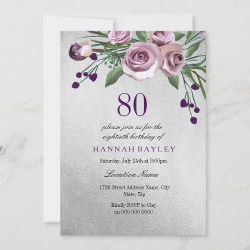 Any Age Purple Silver Rose 80th Birthday Invite