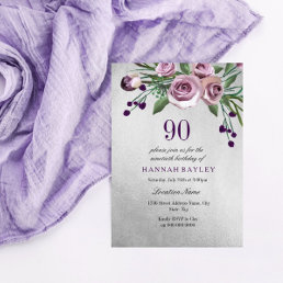 Any Age Purple Silver Rose 90th Birthday Invite