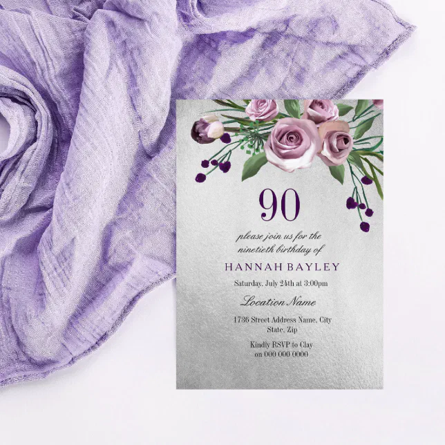 Any Age Purple Silver Rose 90th Birthday Invite | Zazzle