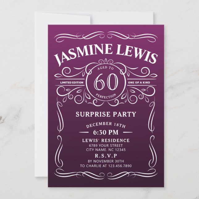 Any age purple whiskey surprise 60th birthday invitation (Front)