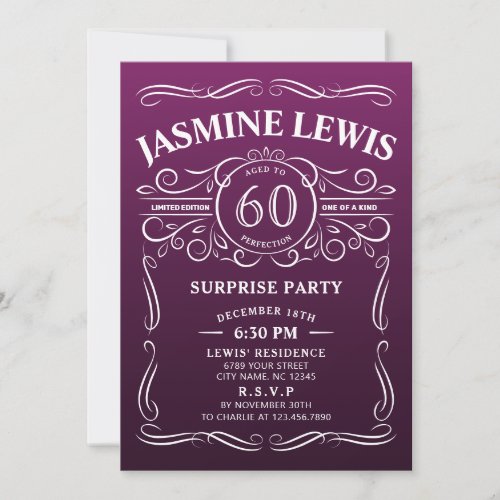 Any age purple whiskey surprise 60th birthday invitation
