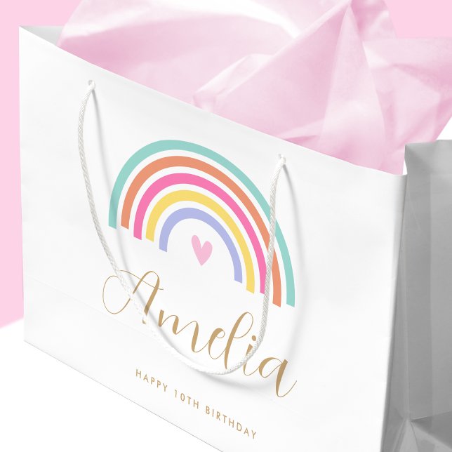 Any Age Rainbow Love Heart Personalized Name Girl Large Gift Bag (Creator Uploaded)