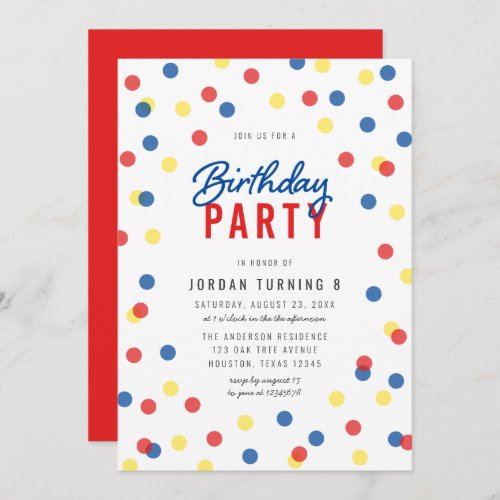 Any Age Red Blue Yellow Confetti Birthday Party Invitation
