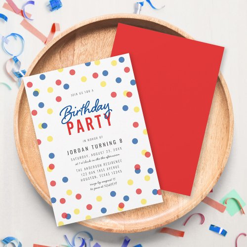 Any Age Red Blue Yellow Confetti Birthday Party Invitation