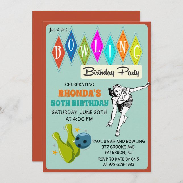 ANY AGE - Retro Bowling Birthday Invitation (Front/Back)