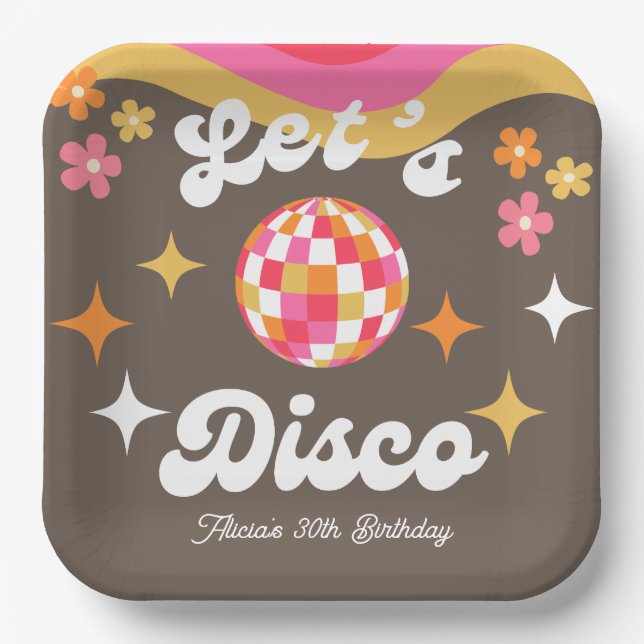 Any Age Retro Groovy 70s Let's Disco Birthday Paper Plates (Front)