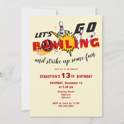 Any Age Retro Mascot Bowling Birthday Party Invitation