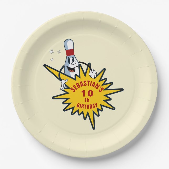 Any Age Retro Mascot Bowling Birthday Party Paper Plates (Front)