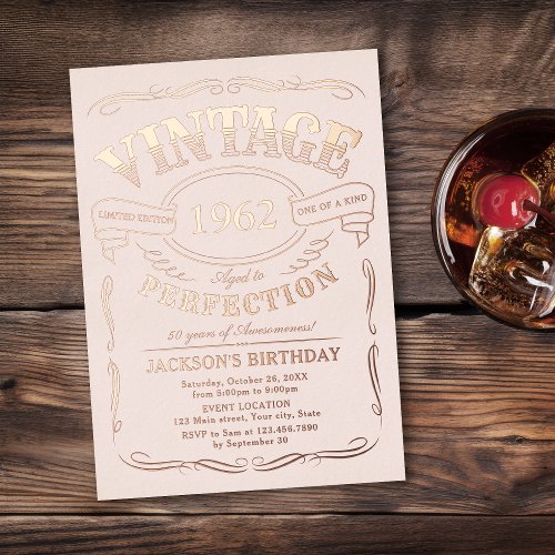 Any Age rose gold Vintage Whiskey Themed Birthday Foil Invitation