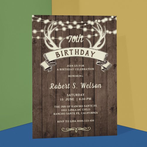 ANY AGE Rustic Antlers Banner Males Birthday Invitation