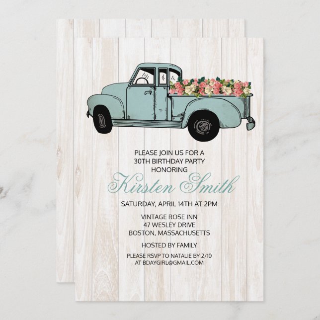 ANY AGE - Rustic Floral Truck Invitation (Front/Back)