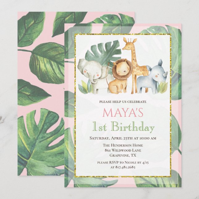ANY AGE - Safari Animals Jungle Animals Birthday Invitation (Front/Back)