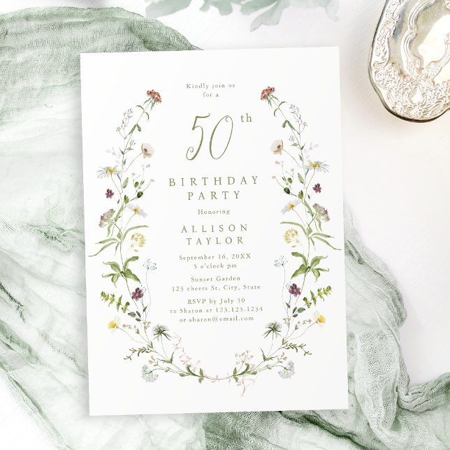 Any Age Sage Wildflower Rustic Boho 50th Birthday  Invitation (Any Age Sage Wildflower Rustic Boho 50th Birthday Invitation)