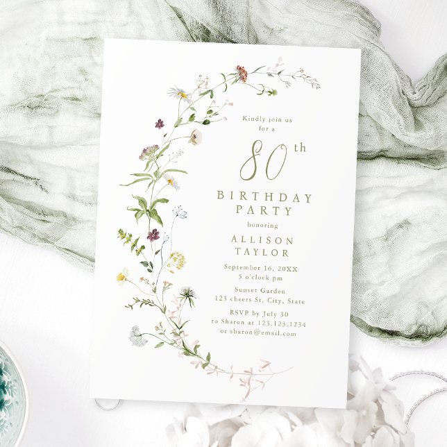 Any Age Sage Wildflower Rustic Boho 80th Birthday  Invitation (Any Age Sage Wildflower Rustic Boho 80th Birthday Invitation)