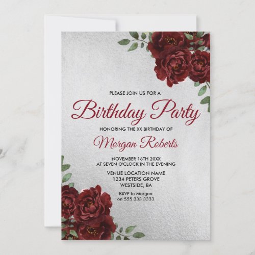 Any Age Silver Foil Burgundy Rose Birthday Party Invitation