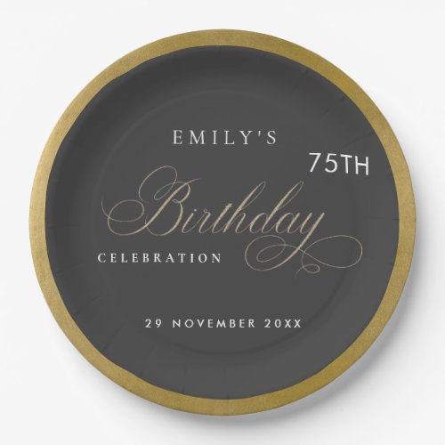 ANY AGE SIMPLE BLACK GOLD TYPOGRAPHY BIRTHDAY PAPER PLATES