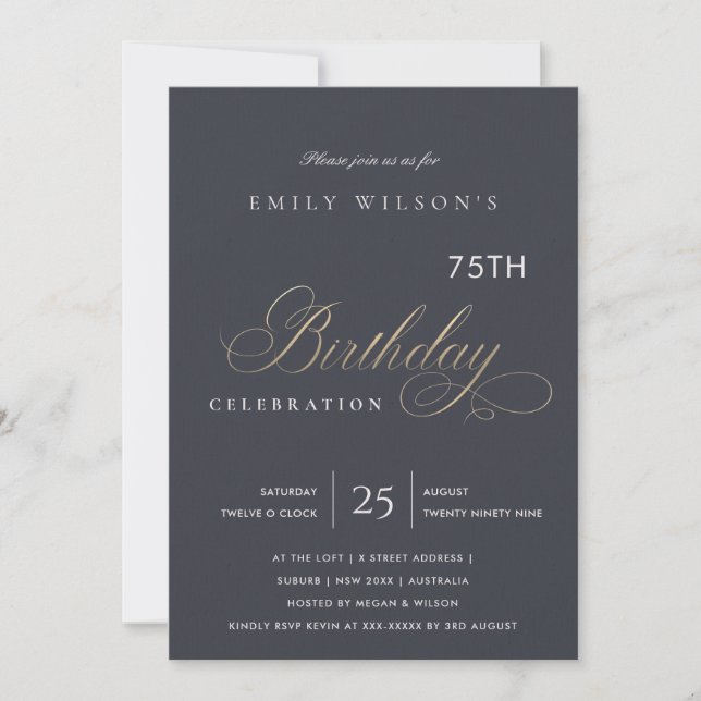 ANY AGE SIMPLE KRAFT NAVY GOLD TYPOGRAPHY BIRTHDAY INVITATION (Front)