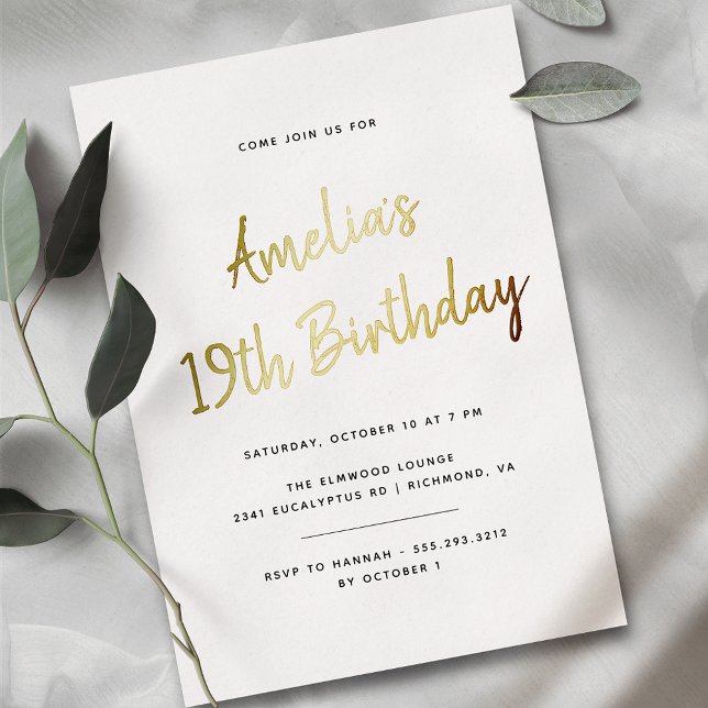 Any Age | Simple Minimal White and Gold Birthday Foil Invitation (Creator Uploaded)