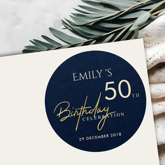 ANY AGE SIMPLE NAVY GOLD TYPOGRAPHY BIRTHDAY CLASSIC ROUND STICKER (Creator Uploaded)