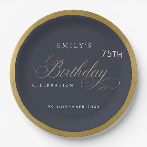 ANY AGE SIMPLE NAVY GOLD TYPOGRAPHY BIRTHDAY PAPER PLATES