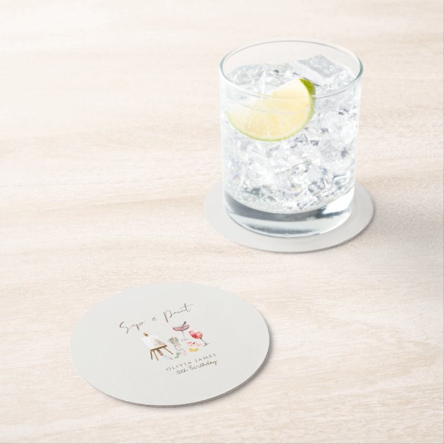 Any age sip and paint birthday  round paper coaster (Insitu)