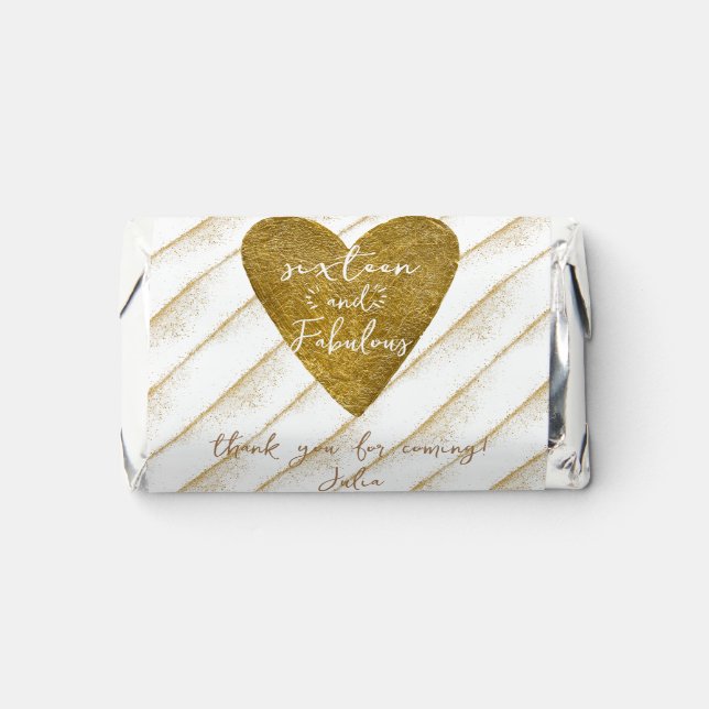 Any Age Sixteen & Fabulous Gold Glitter Heart Hershey's Miniatures (Front)