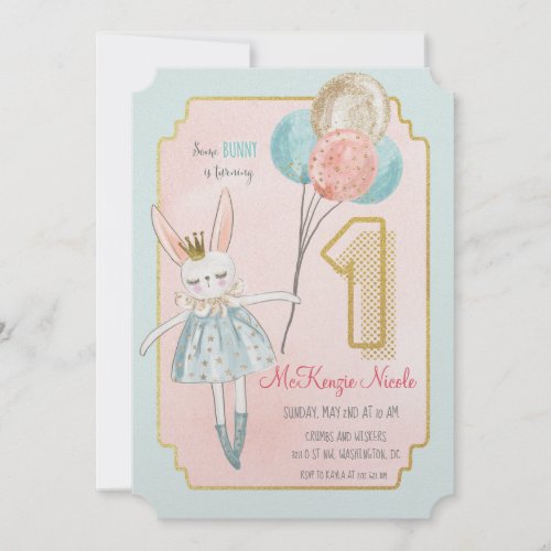 ANY AGE - Some Bunny Birthday Invitation - Some Bunny Rabbit Balloons 1st Birthday Glitter Invitation