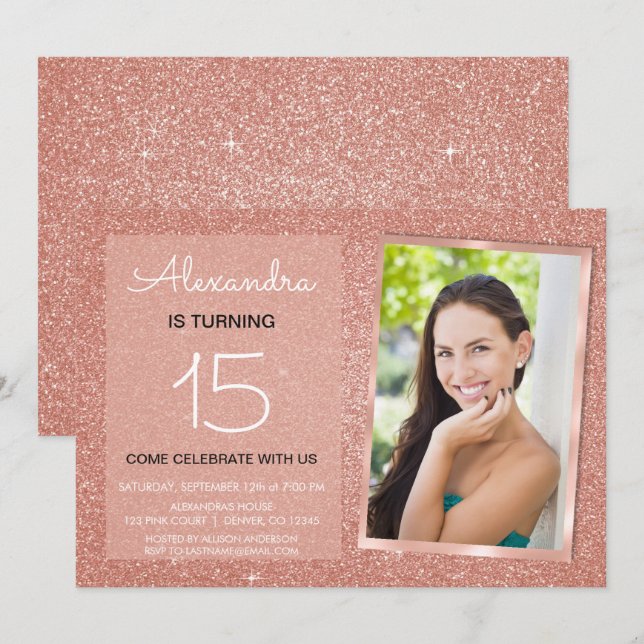 Any Age Sparkle Rose Gold Blush Pink Photo Invitation (Front/Back)
