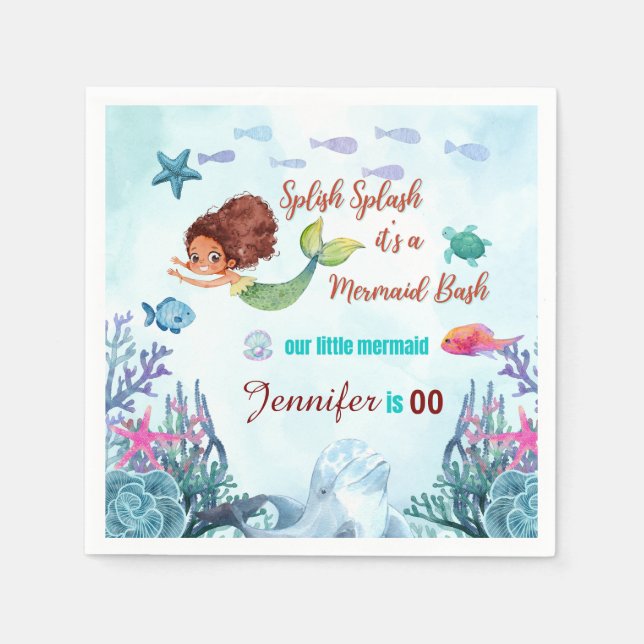 Any Age Splish Splash Bash Mermaid Girls Birthday  Napkins (Front)