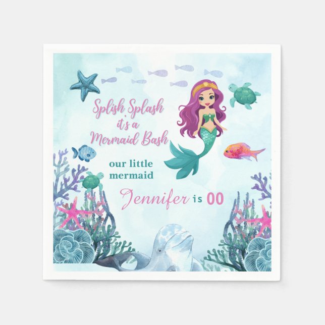 Any Age Splish Splash Bash Mermaid Girls Birthday  Napkins (Front)