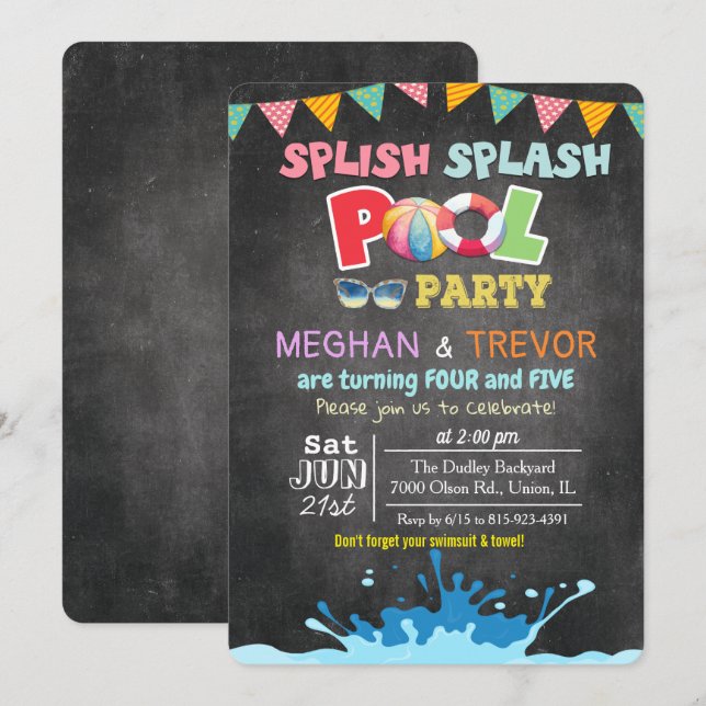 ANY AGE - Splish Splash Dual Pool Party Invitation (Front/Back)