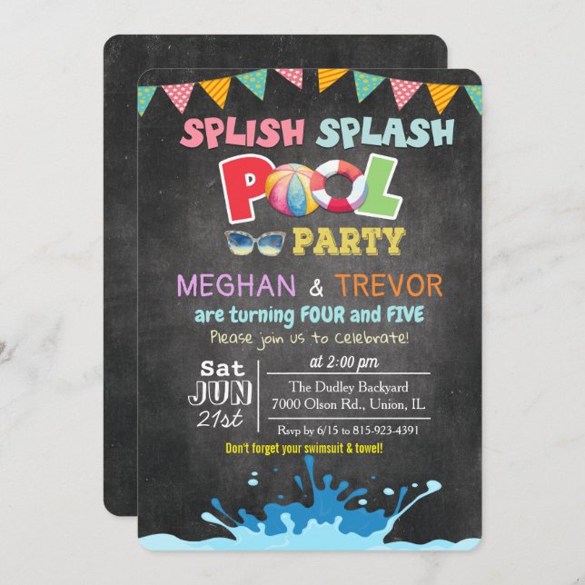 ANY AGE - Splish Splash Dual Pool Party Invitation (Front/Back)