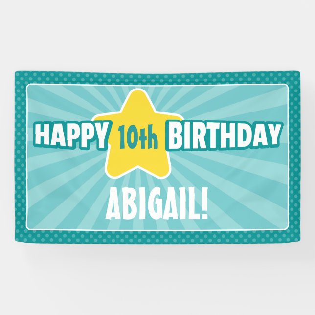 Any Age Star Teal Aqua Blue Birthday Banner (Horizontal)