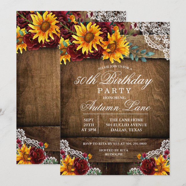 ANY AGE - Sunflower Lace Birthday Invitation (Front/Back)