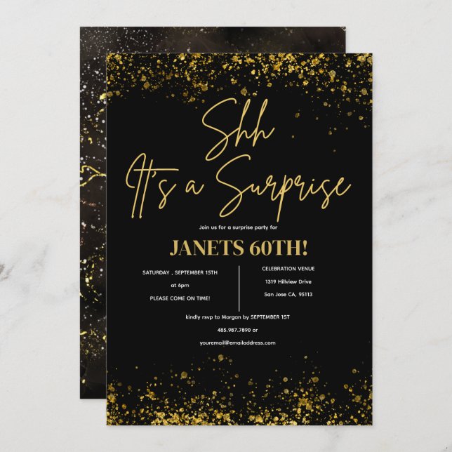 Any Age Surprise Birthday Black Gold Script White Invitation (Front/Back)