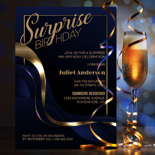 Any Age Surprise Blue Gold Birthday Party Invitation