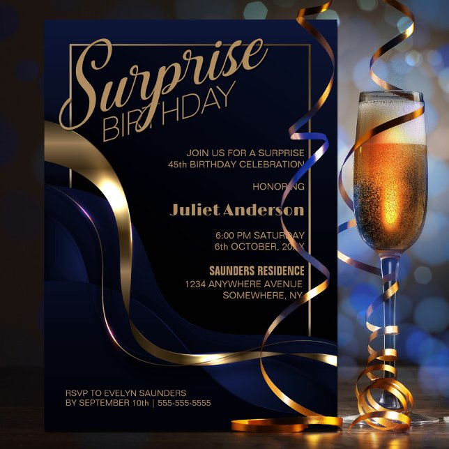 Any Age Surprise Blue Gold Birthday Party Invitation (Creator Uploaded)