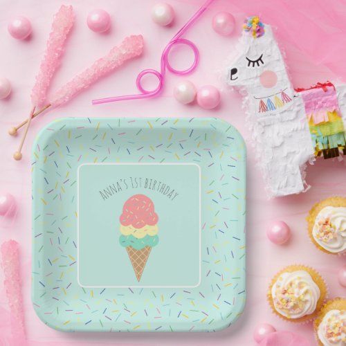 Any Age sweet one pink ice cream cone 1st birthday Paper Plates