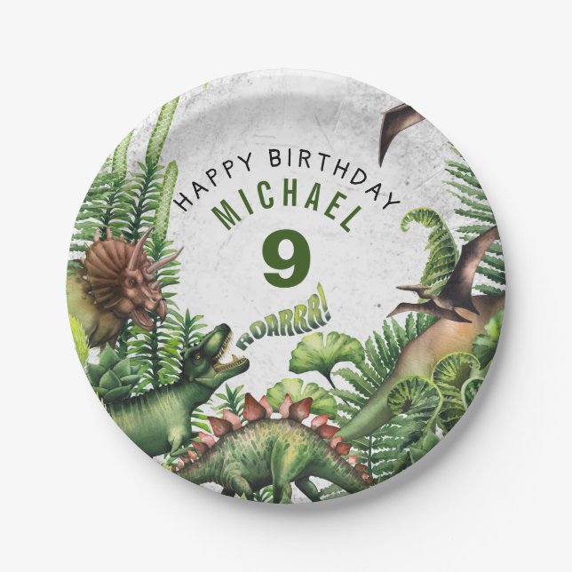 ANY AGE T-Rex Dinosaur Boy's Birthday Party Paper Plates (Front)