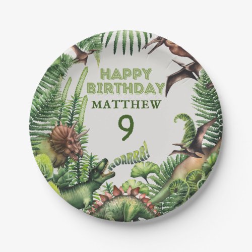 ANY AGE T_Rex Dinosaur Watercolor Birthday Party Paper Plates