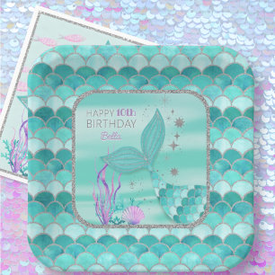ANY AGE Teal Mermaid Silver Glitter Happy Birthday Paper Plates