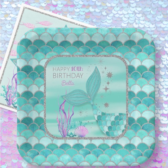 ANY AGE Teal Mermaid Silver Glitter Happy Birthday Paper Plates (Creator Uploaded)