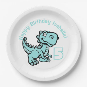 Any Age Teal T Rex Dinosaur Birthday Paper Plates