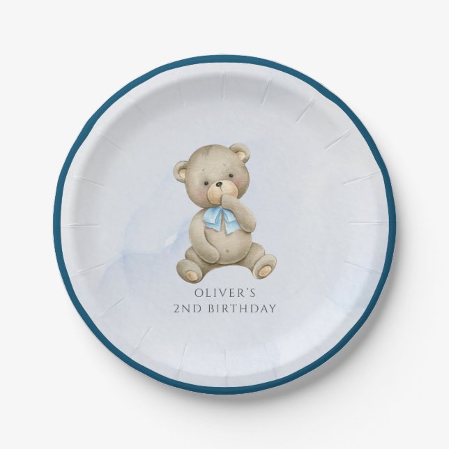 Any age teddy bear boy birthday  paper plates (Front)