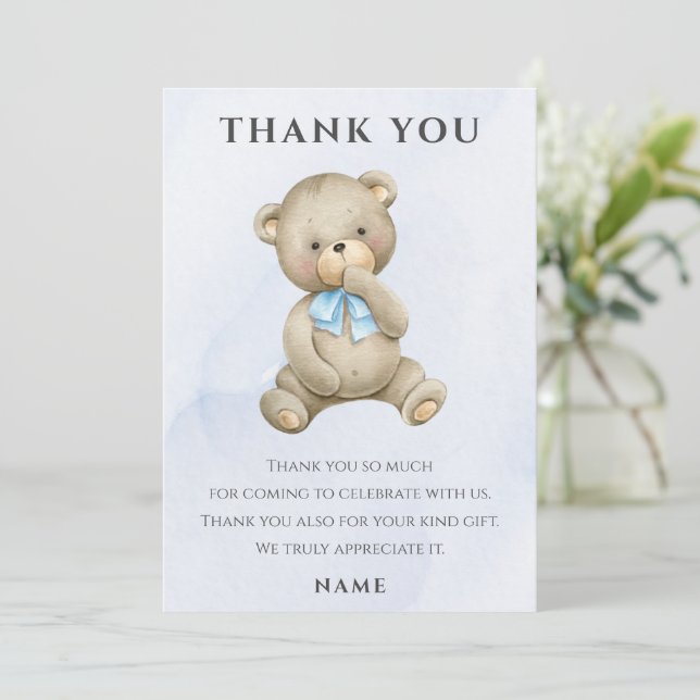 Any age teddy bear boy birthday  thank you card (Standing Front)