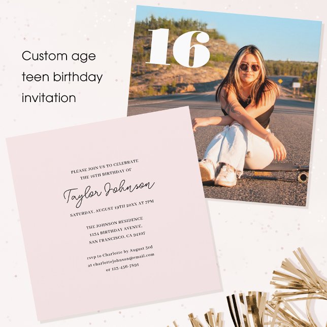 Any Age Teen Birthday Photo Minimalist Pink Invitation (Creator Uploaded)