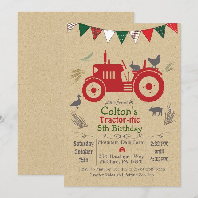 ANY AGE - Tractor Farm Animals Birthday Invitation (Front/Back)