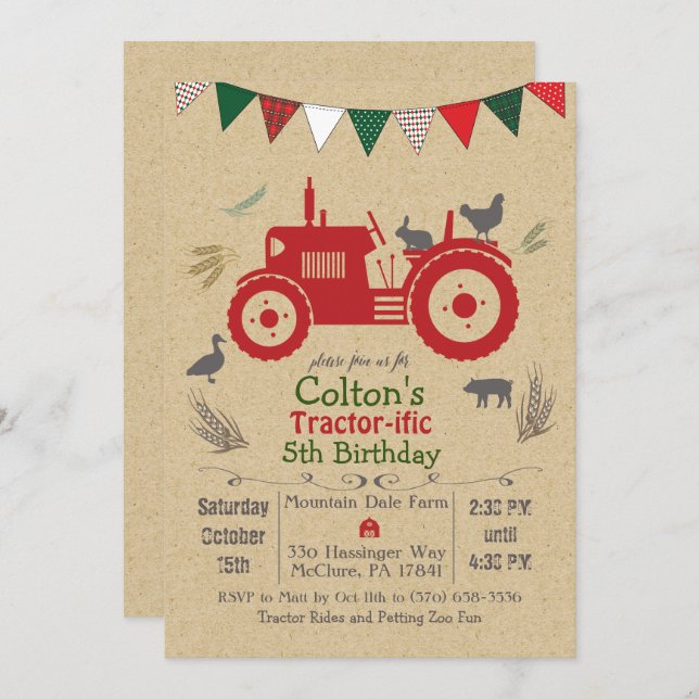 ANY AGE - Tractor Farm Animals Birthday Invitation (Front/Back)