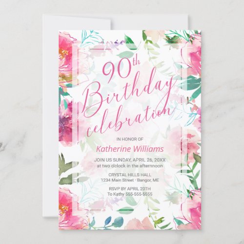 Any Age Tropical Floral Pink Peony 90th Birthday Invitation